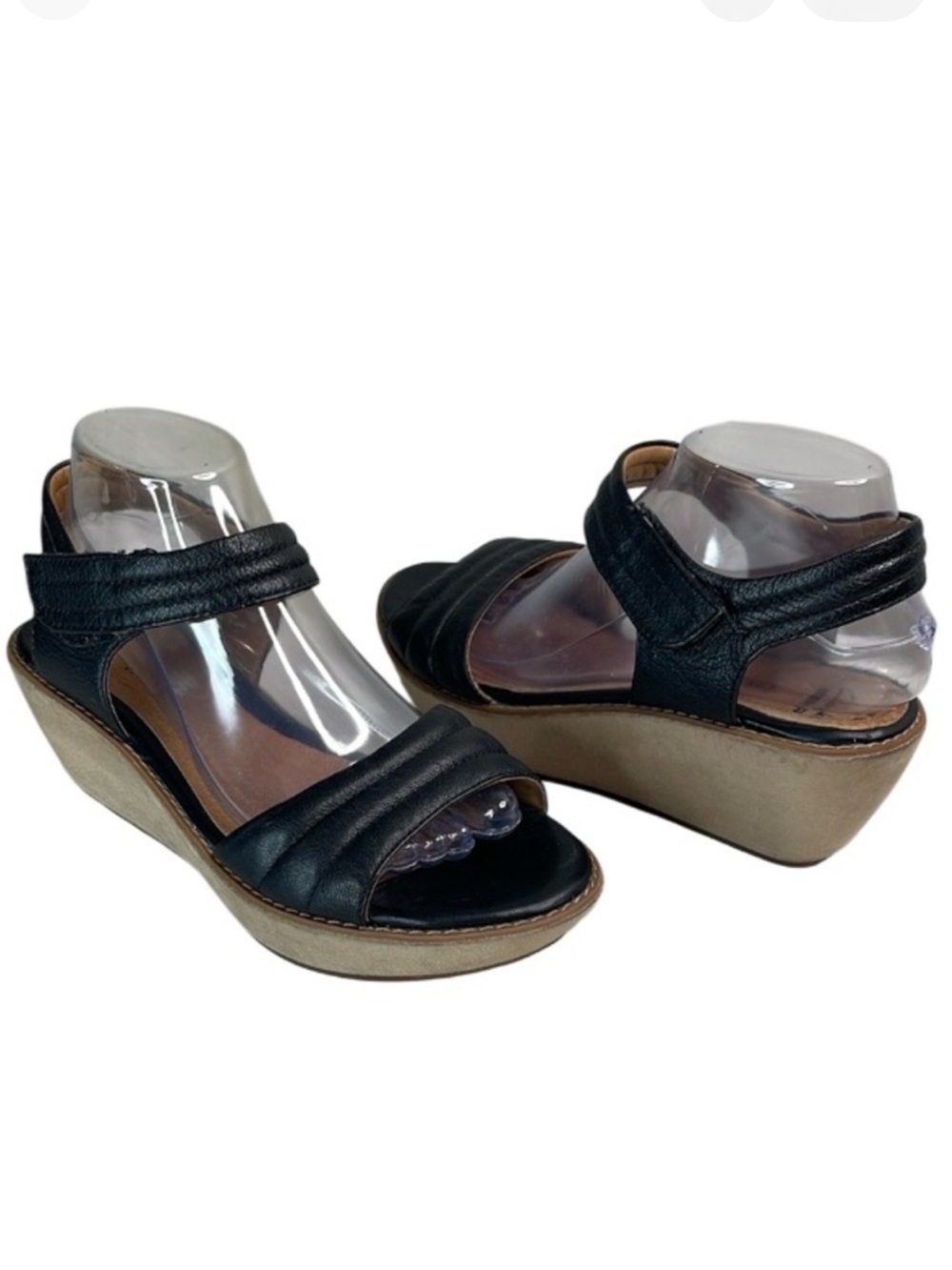 Clarks Soft Cushion Hazelle Alba Black Ankle Strap Wedge Sandals Velcro Size 9